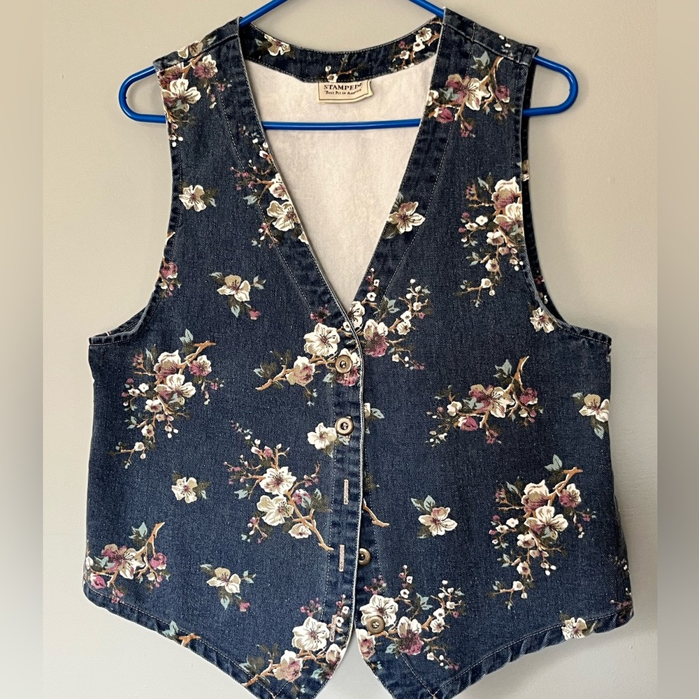 Floral Denim Vest 1990s retro Y2K women size medium